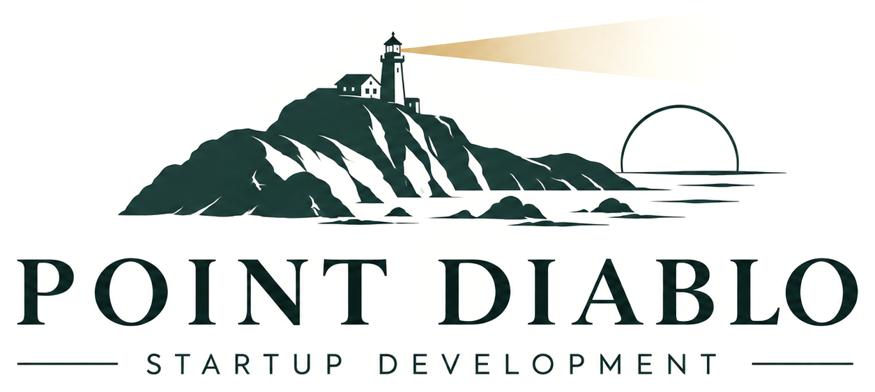 Point Diablo Startup Development logo: a lighthouse on a rocky point casting a gold beam over the water